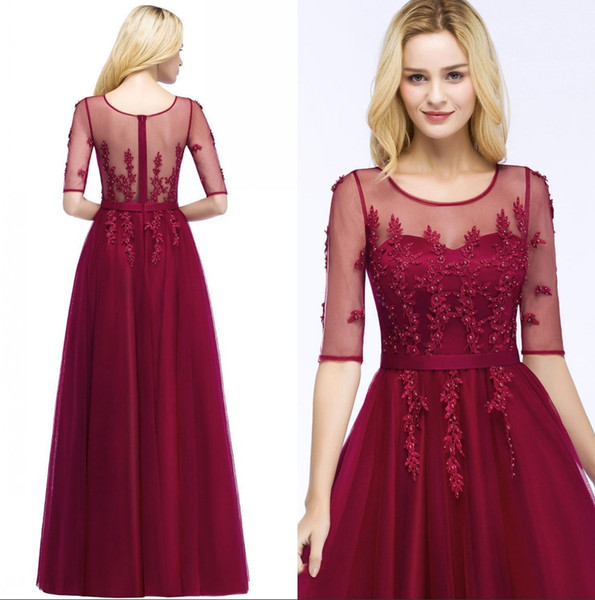 Sheer 1/2 Long Sleeves Tulle Evening Dresses Lace Applique Beaded Floor Length Formal Party Prom Dresses Real Image CPS881