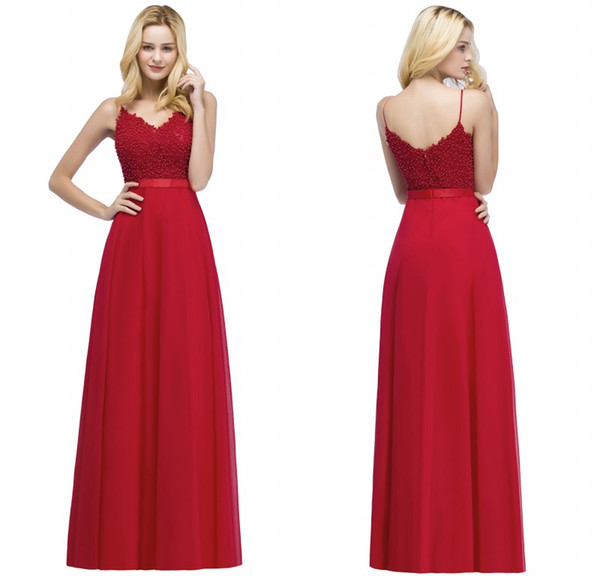 2018 New Arrival Designer Evening Prom Dresses Red Spaghetti Straps Beaded Top Chiffon Long Party Gowns CPS871