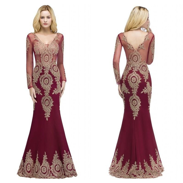 2018 Designer Burgundy Mermaid PROM Dresses V Neck Sheer Long Sleeves Appliqued Lace Evening Gowns Formal PARTY Pageant Dress CPS880