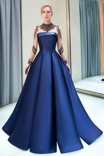 Designer New Arrival Navy Blue Elegant Evening Prom Dresses Sheer Long Sleeves Beadings Ruffles Long Celebrity Formal Dress CPS1160