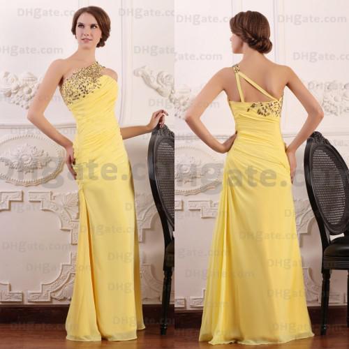 Best Selling!! A-line Elegant Beaded Full Length Yellow Chiffon Evening Prom Dresses Designer Occasion Dresses PD042