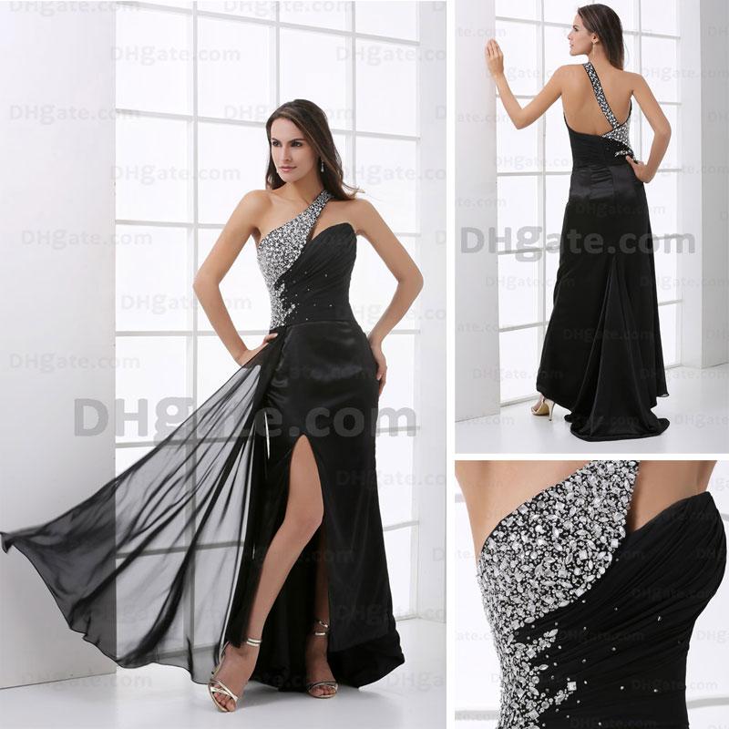 Famous One Shoulder Beading Evening Dress Rhinestone Black Chiffom Court Prom Dress Real Image HX18 dhyz 01
