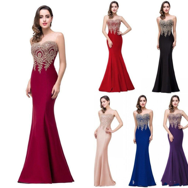 In Stock Burgundy Mermaid Evening Dresses 2018 Sheer Jewel Neck Long Evening Gowns Illusion Back Floor Length Prom Dresses Real Photo CPS262