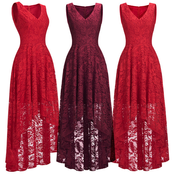 Red/Burgundy High Low Designer Womens Cocktail Party Dresses Lace Designer Occasion Wear V Neck Sleeveless Formal Evening Gown CPS1149