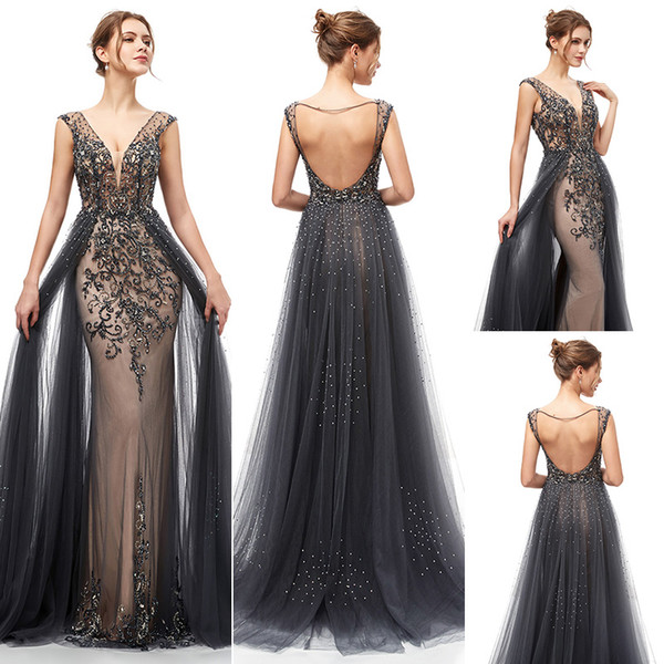 sexy Navy Blue Luxury Beaded crystal Mermaid Evening Dresses yousef aljasmi Sheer v neck overskirts 3D lace arabic Prom Formal Gowns