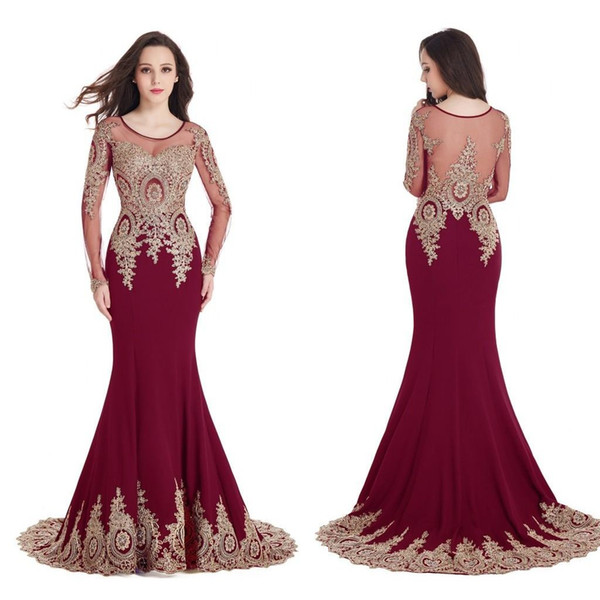 Burgundy Long Evening Dresses Lace Beads Cap Sleeve Party Prom gowns Scoop Sheer Neckline Mermaid Gold Lace Appliques Robe de Soiree CPS404