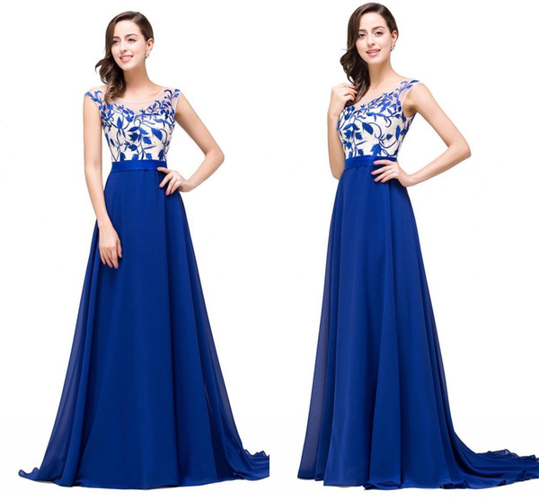 Royal Blue A Line Chiffon Designer Prom Dresses Lace Appliqued Cap Sleeves Zipper Back Long Evening Dresses Special Occasion Gowns CPS354