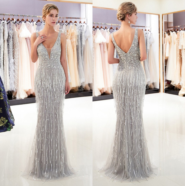 Elegant V Neck Mermaid Long Evening Dresses Real Image Major Beaded Stones Tassel Floor Length Formal Party Prom Dresses CPS1167