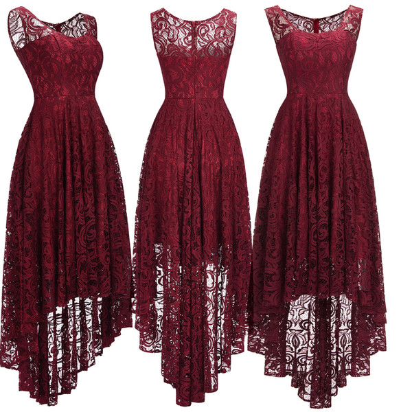 2018 New Cheap Lace Burgundy Designer Cocktail Christmas Party Dresses High Low Scoop Neck A Line Formal Occasion Wear CPS1150