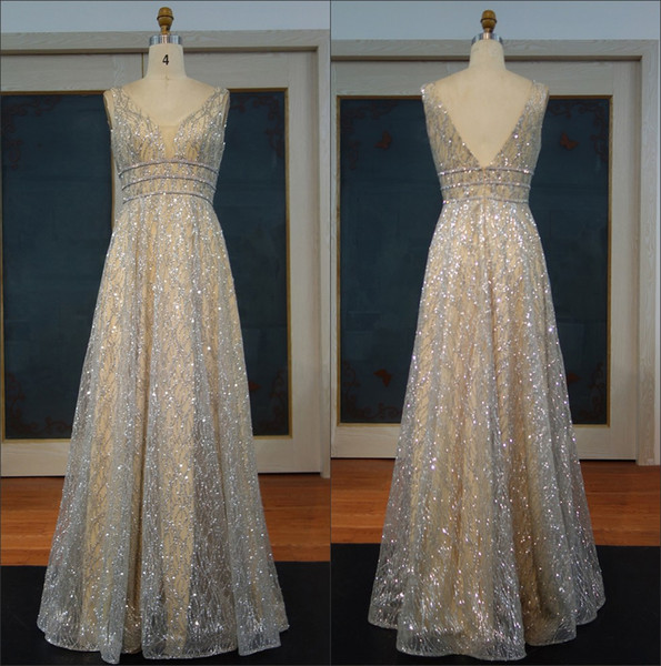 Sparkling V Neck Sequined A Line Evening Dresses Backless Floor Length Formal Party Prom Dresses BA8364