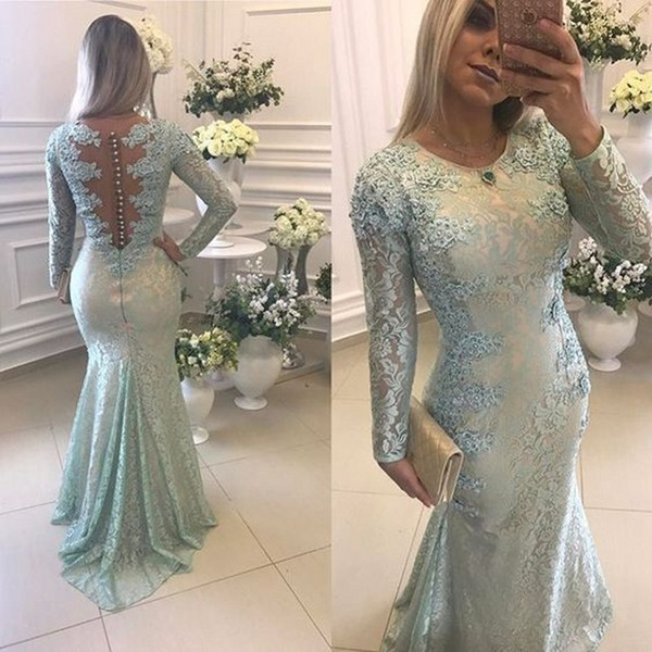 New Mermaid Long Sleeve Evening Prom Dress Jewel Lace Applique Floor Length Women Formal Gown Mother Of Bride Dresses Plus Size