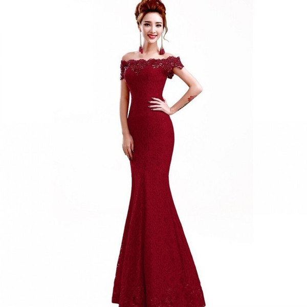 2018 Cheap Red Elegant Long Evening Dresses Party Dresses Mermaid Off-Shoulder Boat-Neck Embroidery Lace Evening Dress Vestido De CPS199