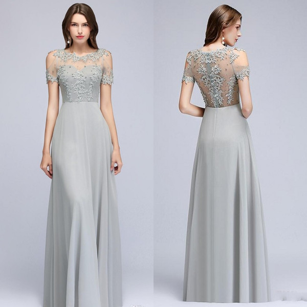 Illusion Short Sleeves Chiffon Long Evening Dresses 2019 Sheer Tulle Lace Applique Beaded Real Image Floor Length Party Prom Dresses CPS966