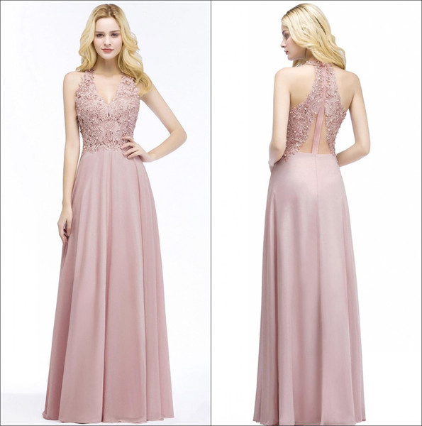 Halter Chiffon Long Prom Dresses 2018 Real Image V Neck Lace Beaded Stones Formal Party Evening Special Occasional Dresses CPS883