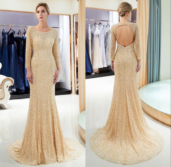 Charming Gold Lavender Beads Prom Dresses Custom Mermaid Long Sleeves Heavy Lace Backless Women Formal Evening Mother Gowns