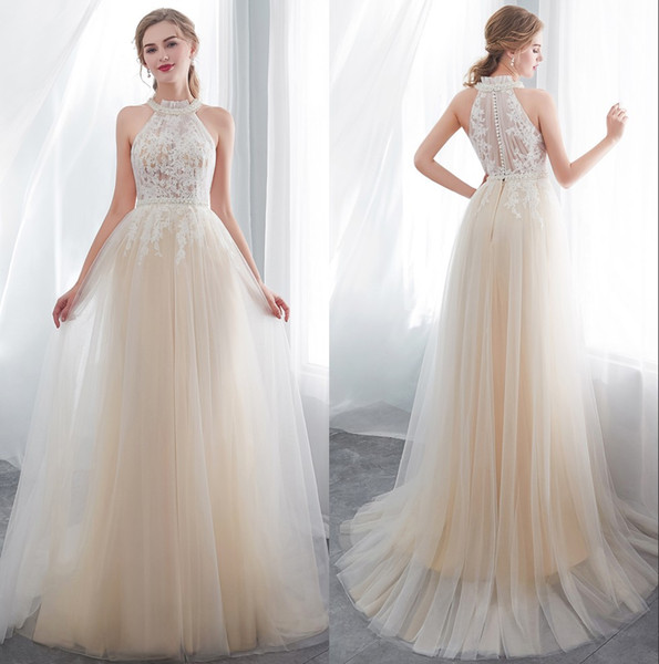 Halter Lace A Line Long Prom Dresses Tulle Applique Beaded Pearls Floor Length Formal Party Evening Dresses CPS1011