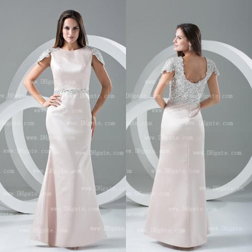 Fashion Customer Made 2015 Cap Sleeves Beading Satin Prom Evening Dress Full Length ED071