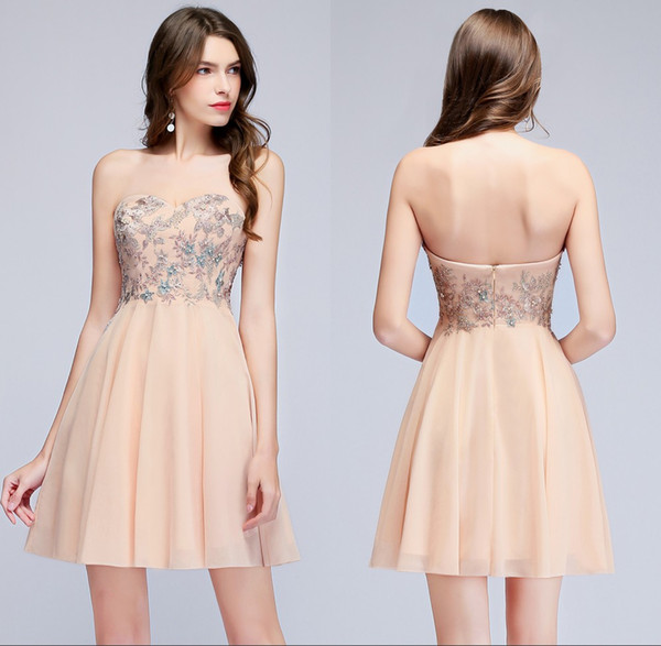 2018 Cheap Chiffon Short Homecoming Dresses Sweetheart Lace Applique Beaded Pears A Line Formal Party Cocktail Prom Dresses CPS955