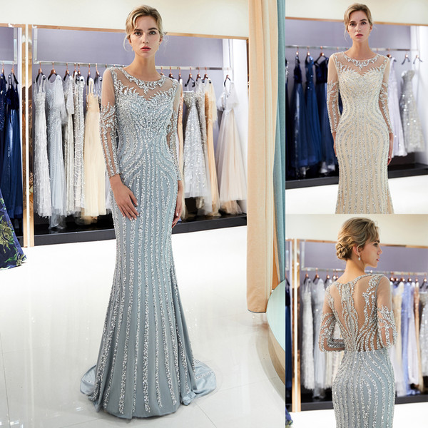 Real Image Gold/Gray Mermaid Evening Dresses Luxury Beaded Sequins Long Sleeves Formal Prom Party Dress Designer Occasion Formal Wear 1163