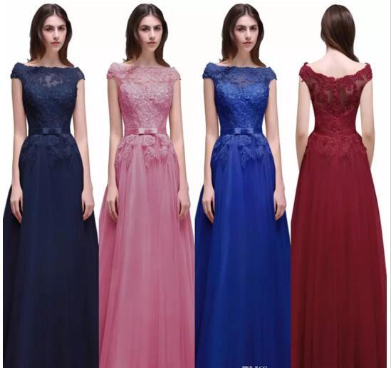2017 New Cap Sleeves Burgundy Prom Dresses A Line Bateau Neck Lace Appliques Long Train Evening Party Gowns Cheap under 60 Bridesmaid