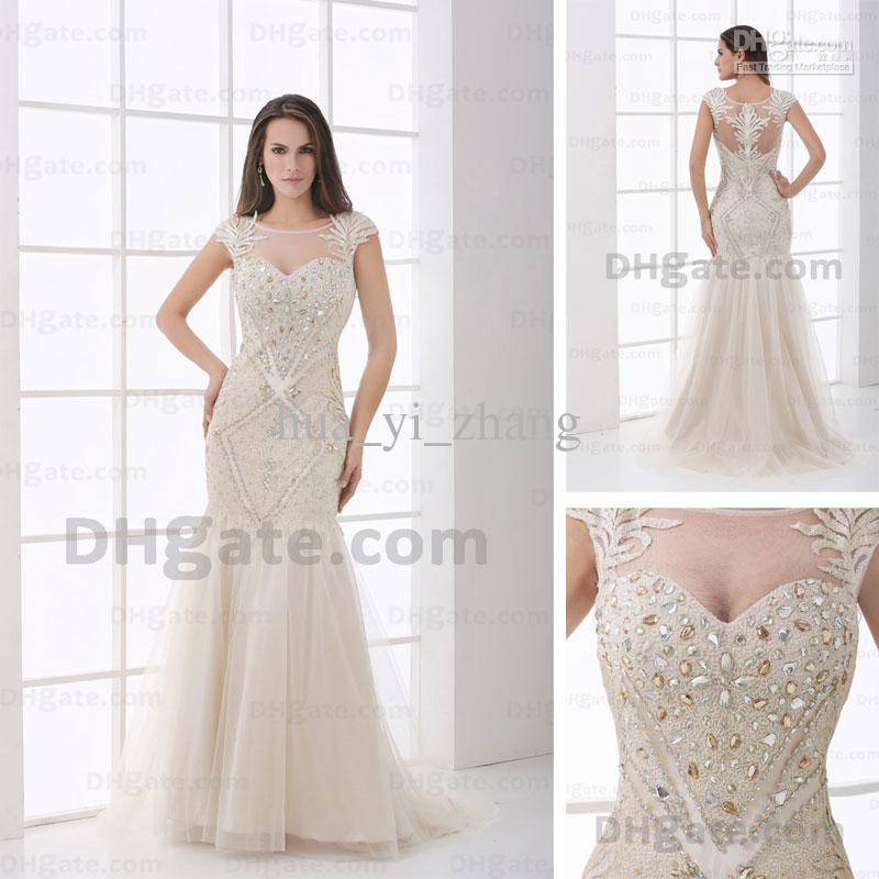 Luxury Beaded Embroidery Evening Pageant Dresses Transparent Neckline Cap Sleeves Sheer Top and Back Tulle Gowns Real