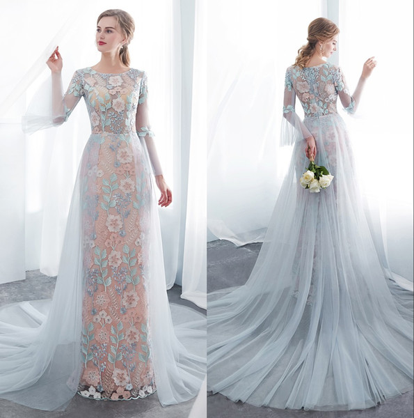 Sheer Long Sleeves Lace Sheath Long Evening Dresses Lace Applique Tulle Sweep Train Formal Party Prom Dresses Real Image CPS1010