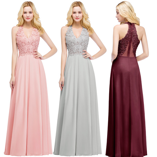 Newest Real Image Prom Dresses V Neck Chiffon Lace Pearl Illusion Back Formal Occasion Wear Evening Party Gown IN STOCK CPS912