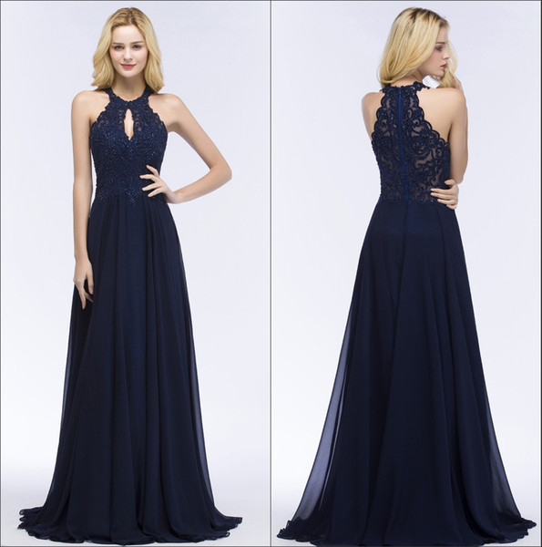 Navy Blue Halter Chiffon Long Prom Dresses Lace Applique Beaded Top Floor Length Formal Party Evening Dresses Cps866