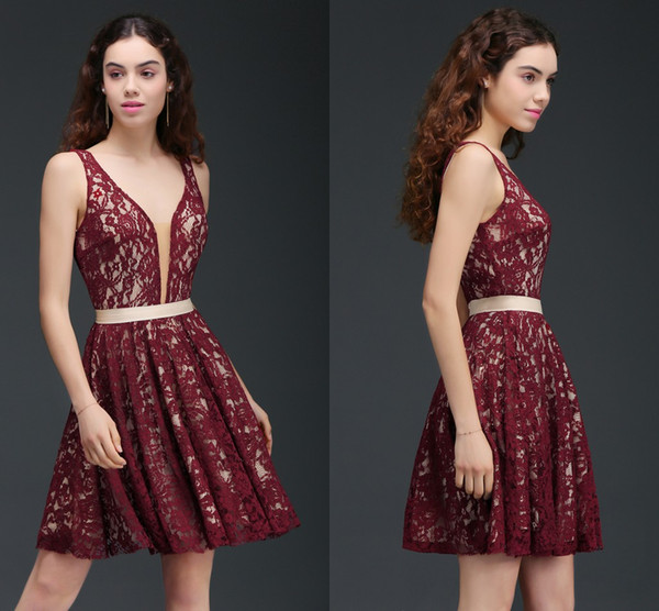 2017 Burgundy Full Lace Mini Short Homecoming Dresses Deep V Neck A Line Short Prom Dress Sexy Backless Cocktail Red Carpet Wear CPS677