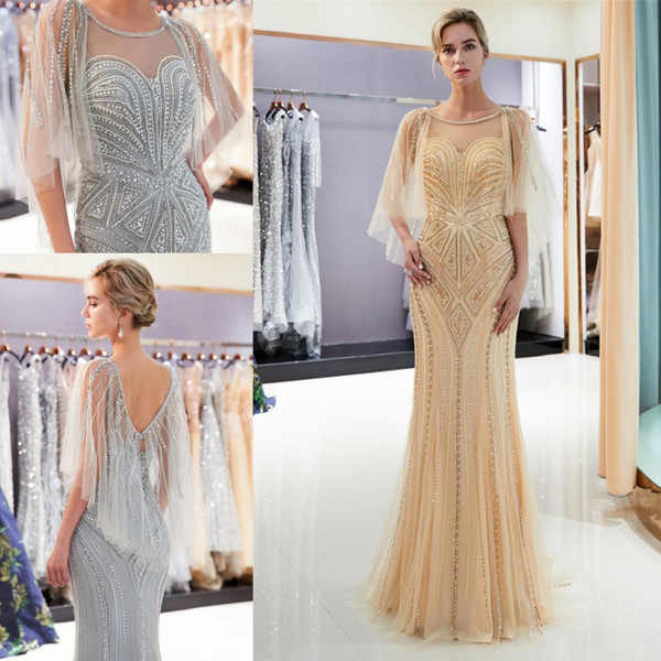 Luxury Beaded Pearls Gold/Gray Mermaid Prom Dresses with Wrap Crystal Scoop Sheer Neck Wedding Bridal Gown Formal Occasion Wear CPS1175