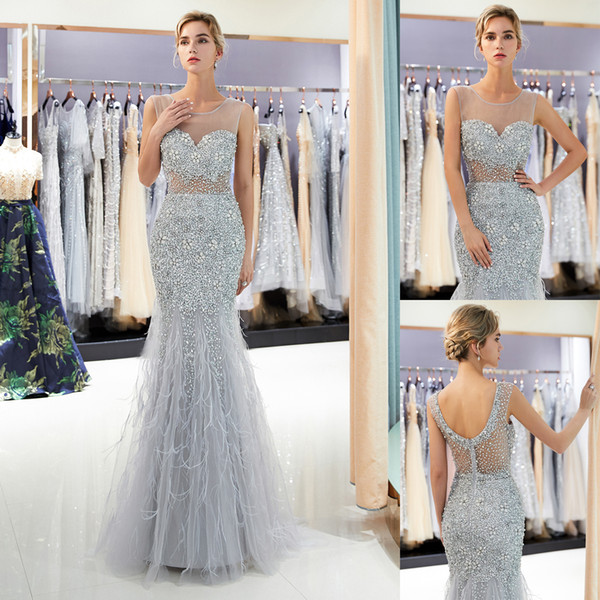 Silver Sheer Neck Prom Dresses Luxury Beaded Illusion Bodice Sweep Train Formal Occasion Wear Designer Evening Gown 100% Real Image CPS1177