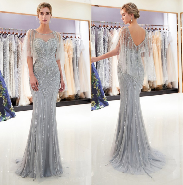 Sheer Scoop Neck Tulle Major Beaded Mermaid Long Evening Dresses Stones Floor Length Formal Party Prom Dresses Real Image CPS1175