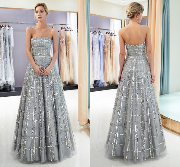 Elegant Real Photos Silver Gray Prom Dresses Sequins Tulle Strapless Women Long Evening Gown Quinceanera Graduation Party Ball Gown CPS1162