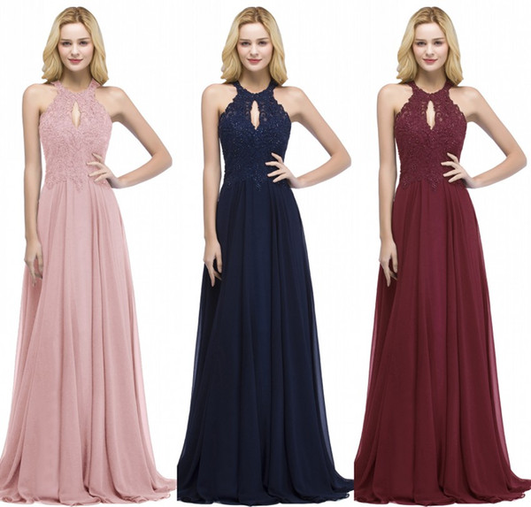 Designer Navy Blue Halter Long Prom Dresses Keyhole Neck Beaded Appliqued Lace Evening Dress Women Party Gowns CPS866