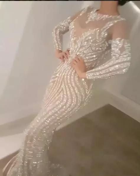 Real pictures 2019 Luxury Long Sleeve Sequined Mermaid Prom Dresses Sexy Sheer Jewel Neck Evening Wear Beads Celebrity Prom Gowns