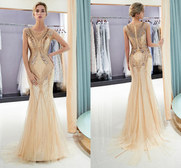 Real Photos New Elegant Designer Gold Prom Dresses Sequins Beaded Mermaid Evening Dress Floor Length Party Gowns CPS1170