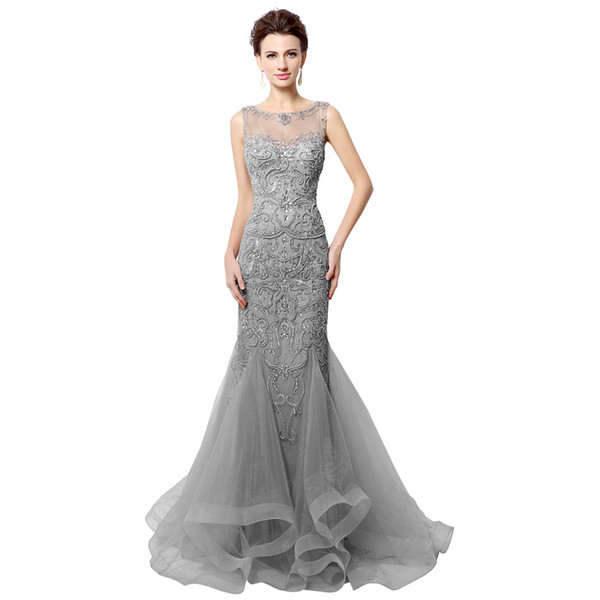 Cutom Made Open Back Gray Satin Mermaid Evening Dresses Beading 2016 Real Photo Sheer Neck Women Prom Gowns Long robe de soiree LX006