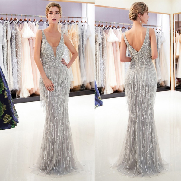 Elegant V Neck Mermaid Long Evening Dresses Real Image Major Beaded Stones Tassel Floor Length Formal Party Prom Dresses CPS1167