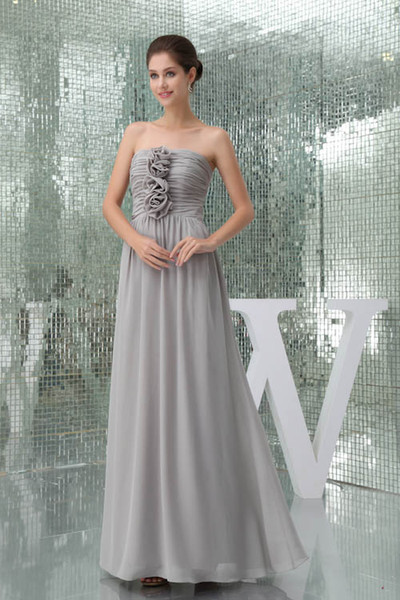 Strapless Chiffon Long Evening Dresses Cheap Real Image Ruched 3D Floral Formal Party Prom Special Occasional Dresses WD5-055