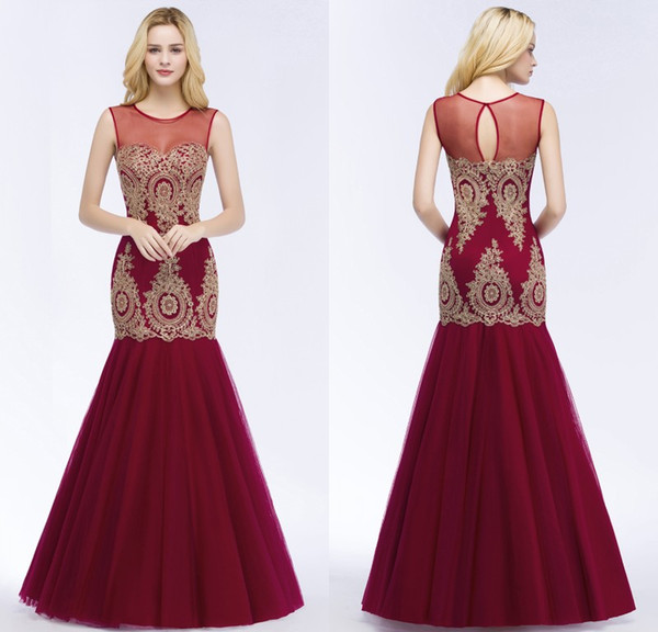 2018 New Arrival Designer Burgundy Mermaid Prom Dresses Sheer Neck Lace Appliqued Formal Evening Pageant Gowns CPS879