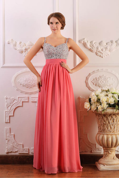 Coral Prom Dresses Spaghetti Exquisite Beading Ruched Floor Length Real Images Hollow V Back Bridesmaid Dresses