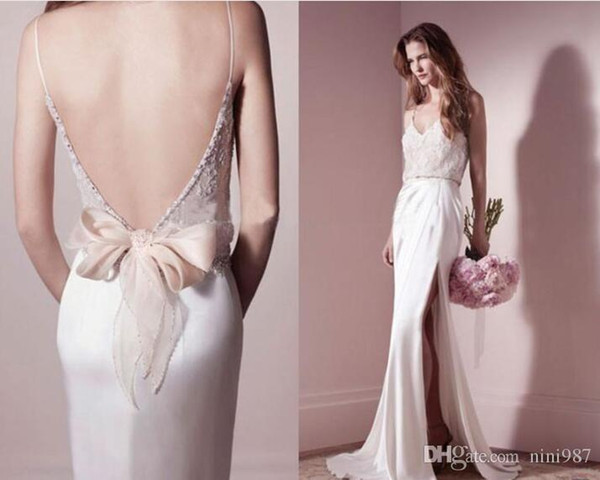 High quality Sexy Evening Dress Sheath V-Neck Spaghetti Strap Backless Applique Bow Beaded Split Side Sweep Train wedding Dresses