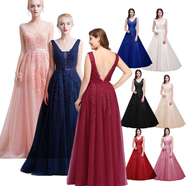 $69 Cheap V Neck Evening Dresses Long Tulle Lace Formal Prom Dresses Tulle Lace Applique Beaded Floral Sexy Backless Party Gowns CPS304