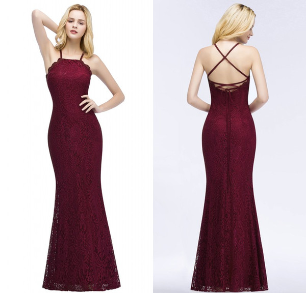 2018 Designer Burgundy Mermaid Evening Dresses Halter Neck Crisscross Back Lace Prom Dress Arabic Party Gowns CPS876