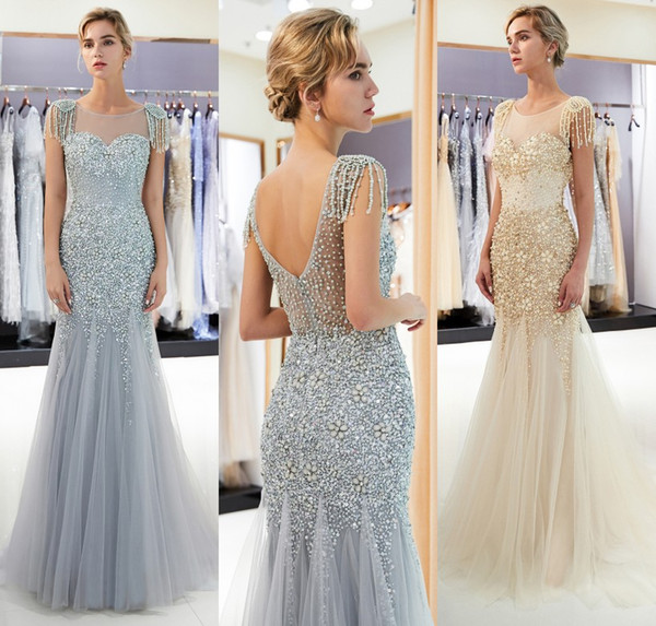 100% Real Photos Mermaid Evening Dresses Luxury Beaded Sheer Neck Designer Formal Occasion Wear Tulle Sweep Train Prom Party Gown CPS1161