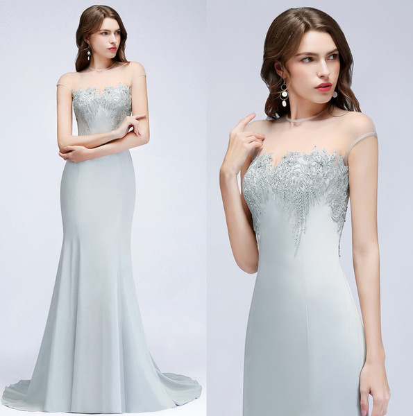 Sheer Cap Sleeves Mermaid Long Evening Dresses Tulle Lace Applique Beaded Seen Through Sweep Train Formal Party Prom Dresses CPS965