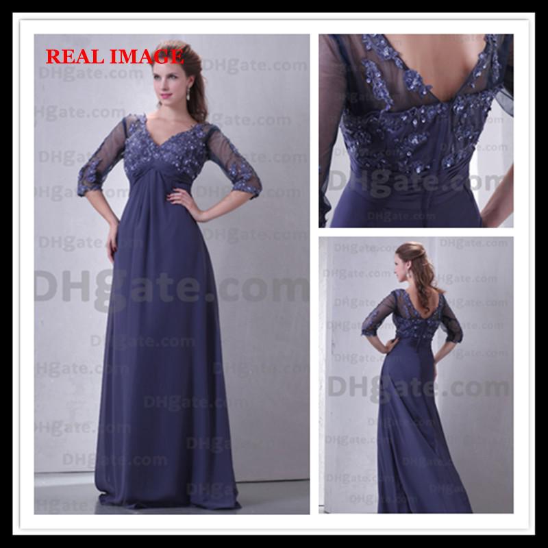 2015 Royal Blue Chiffon Prom Dresses Pleated Appliques Floor Length Three Quarter Sleeve BY034 Dhyz 01
