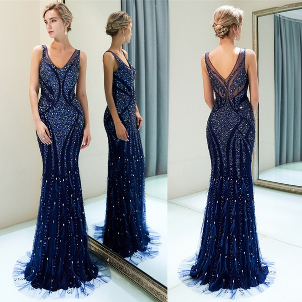 Elegant V Neck Mermaid Long Evening Dresses Real Image Major Beaded Stones Feather Floor Length Formal Party Prom Dresses CPS1168