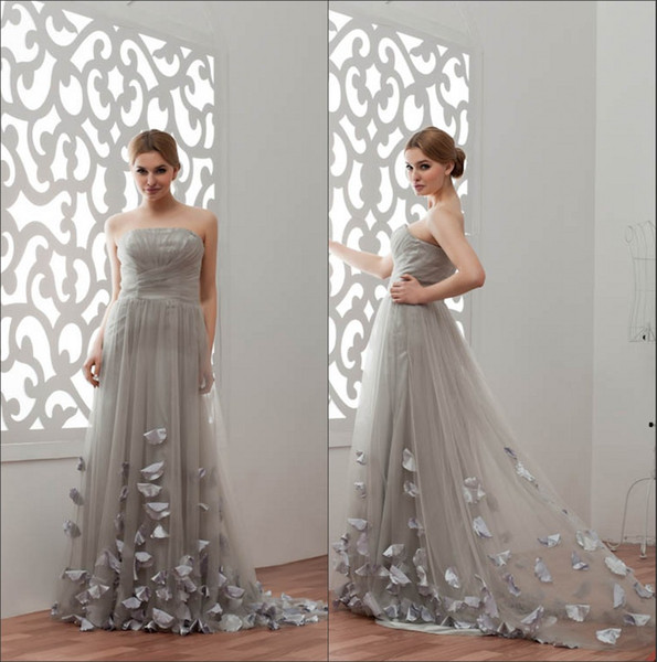 Strapless Tulle Long Evening Dresses Cheap Real Image Ruched 3D Floral Formal Party Prom Special Occasional Dresses WDH2-261