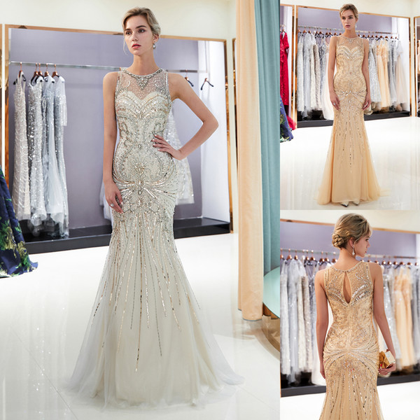 Gold Gray Luxury Beaded Prom Dresses Mermaid Floor Length Tulle Sequins Crystal Designer Formal Evening Wear 100% Real Image Dress CPS1166